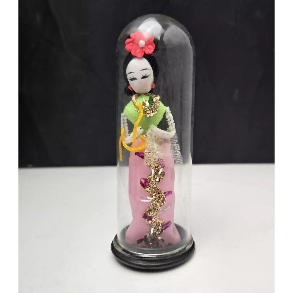 Vintage Miniature Japanese Geisha Princess Doll in Glass Dome 4" Made in Taiwan
